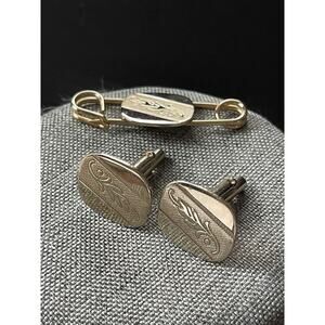 Vintage Cuff Link And Tie Bar Pin Gold Tone MCM Retro Career Business Workwear